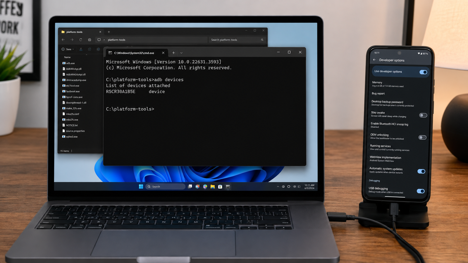 Celular conectado ao computador com ADB e opções do desenvolvedor ativadas