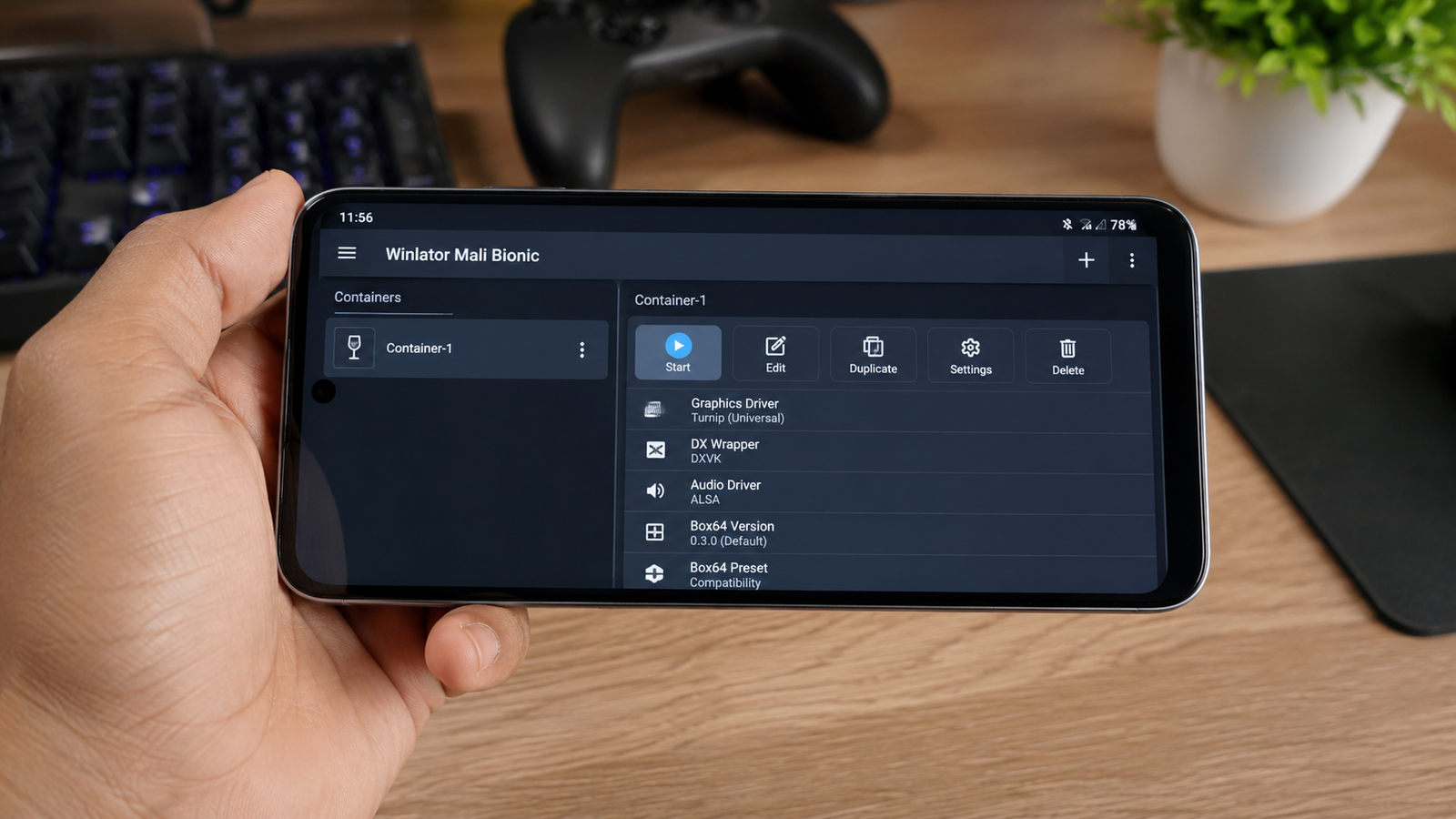 Interface do Winlator Mali Bionic durante teste no Android