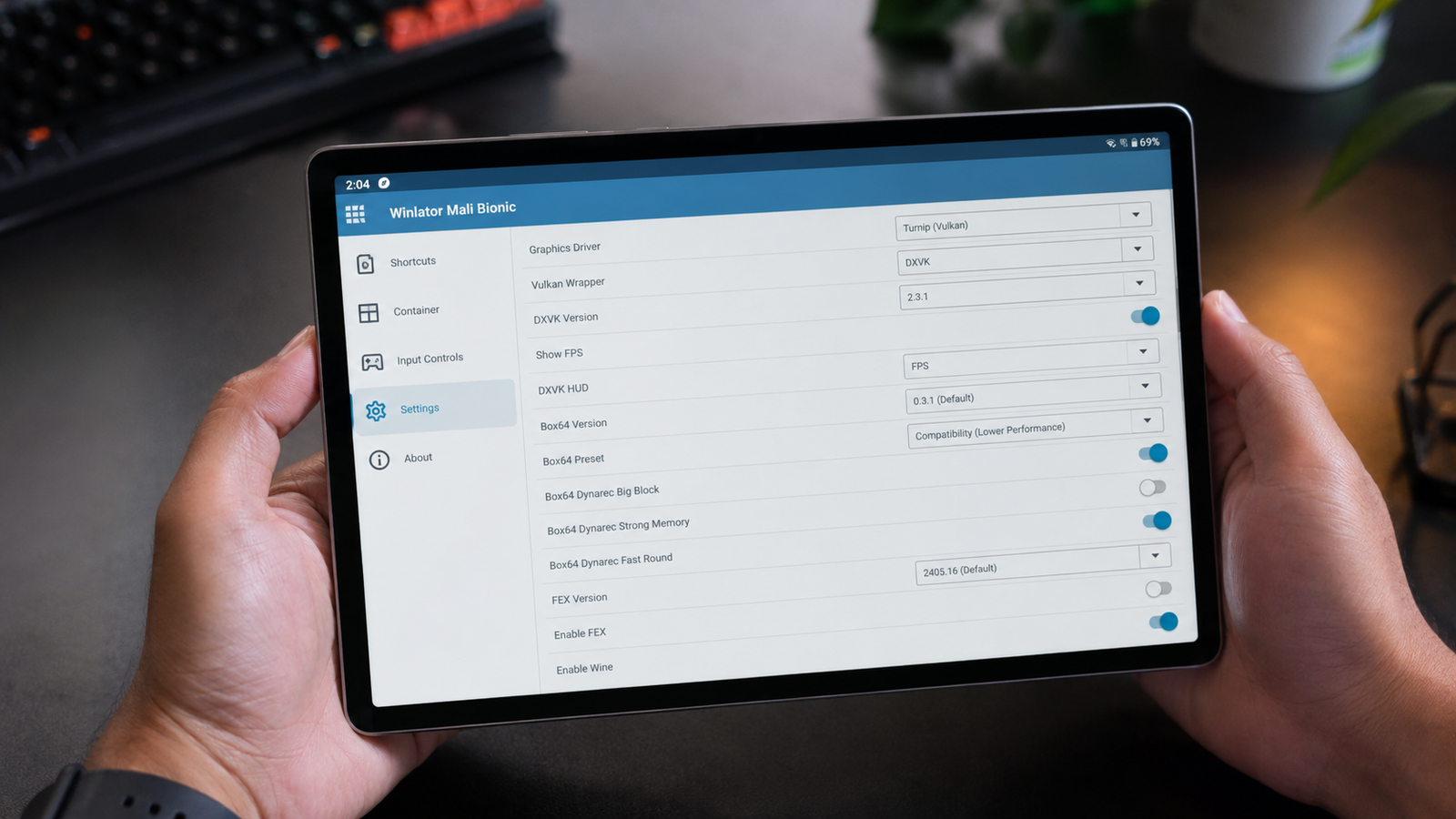 Configurações de Vulkan Wrapper, DXVK, Box64 e FEX no Winlator Mali Bionic