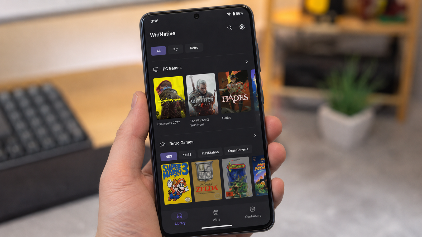 Biblioteca do WinNative reunindo jogos de PC e consoles no Android