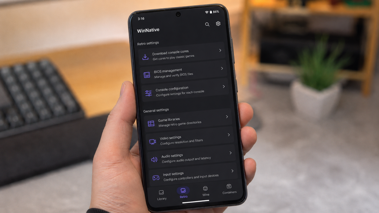 Tela de configurações Retro do WinNative no Android