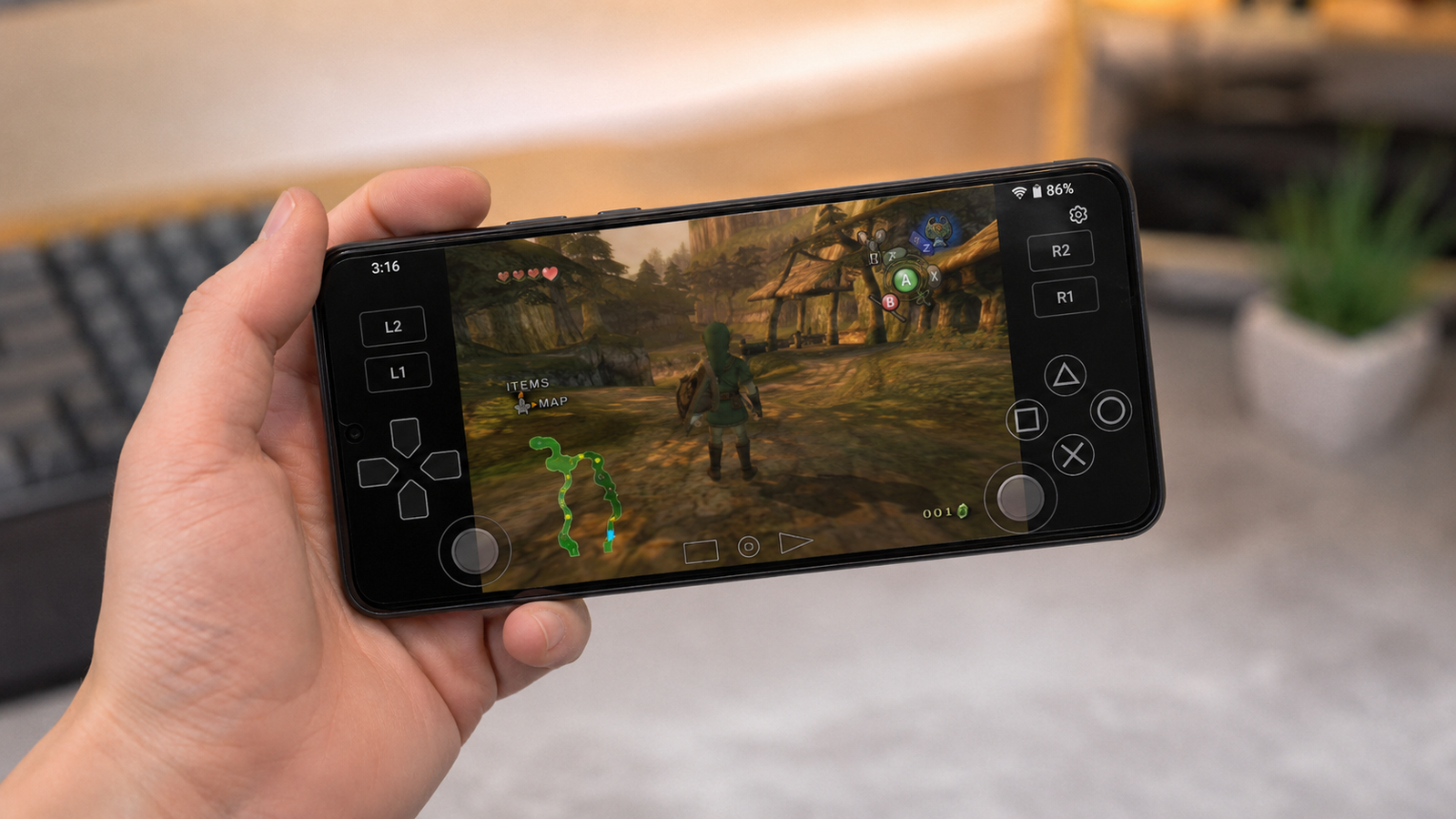 Jogo de console rodando pelo WinNative no Android com controles virtuais