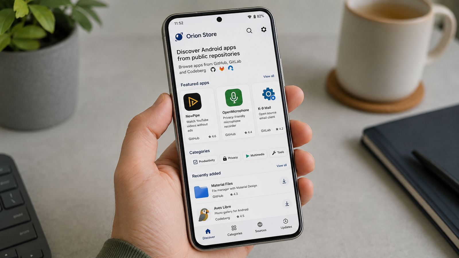 Orion Store mostrando aplicativos vindos de GitHub GitLab e Codeberg no Android