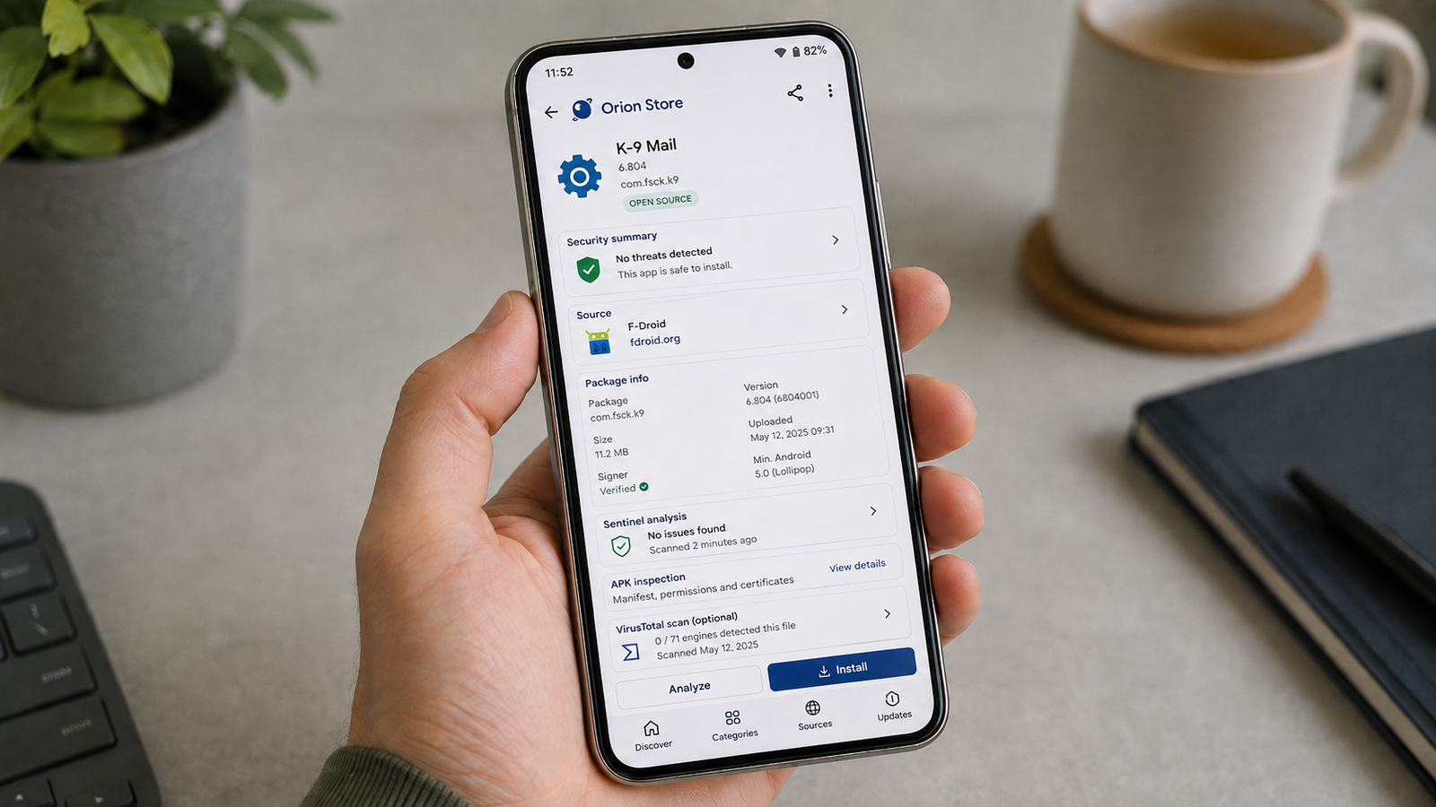 Tela de segurança e informações de APK no Orion Store