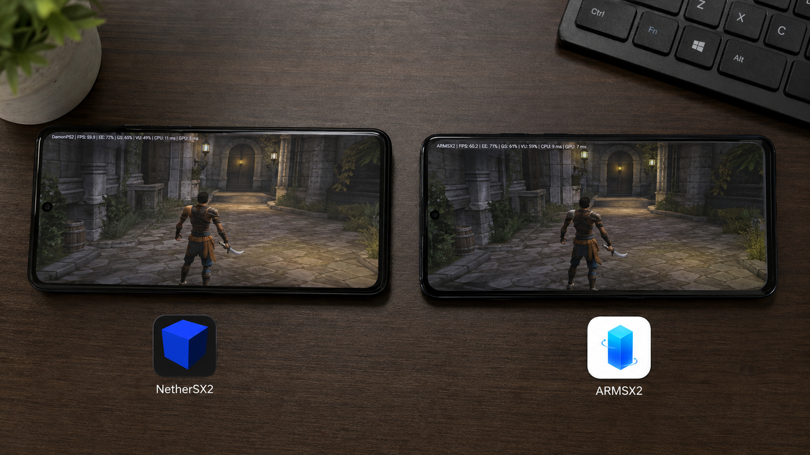 Imagem ilustrativa: Mesmo jogo de PS2 comparado em dois emuladores Android