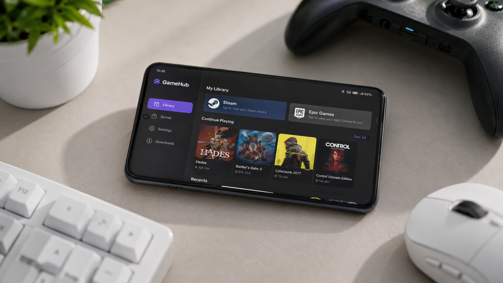 Imagem ilustrativa: Biblioteca do GameHub no Android com jogos de PC Steam e Epic Games