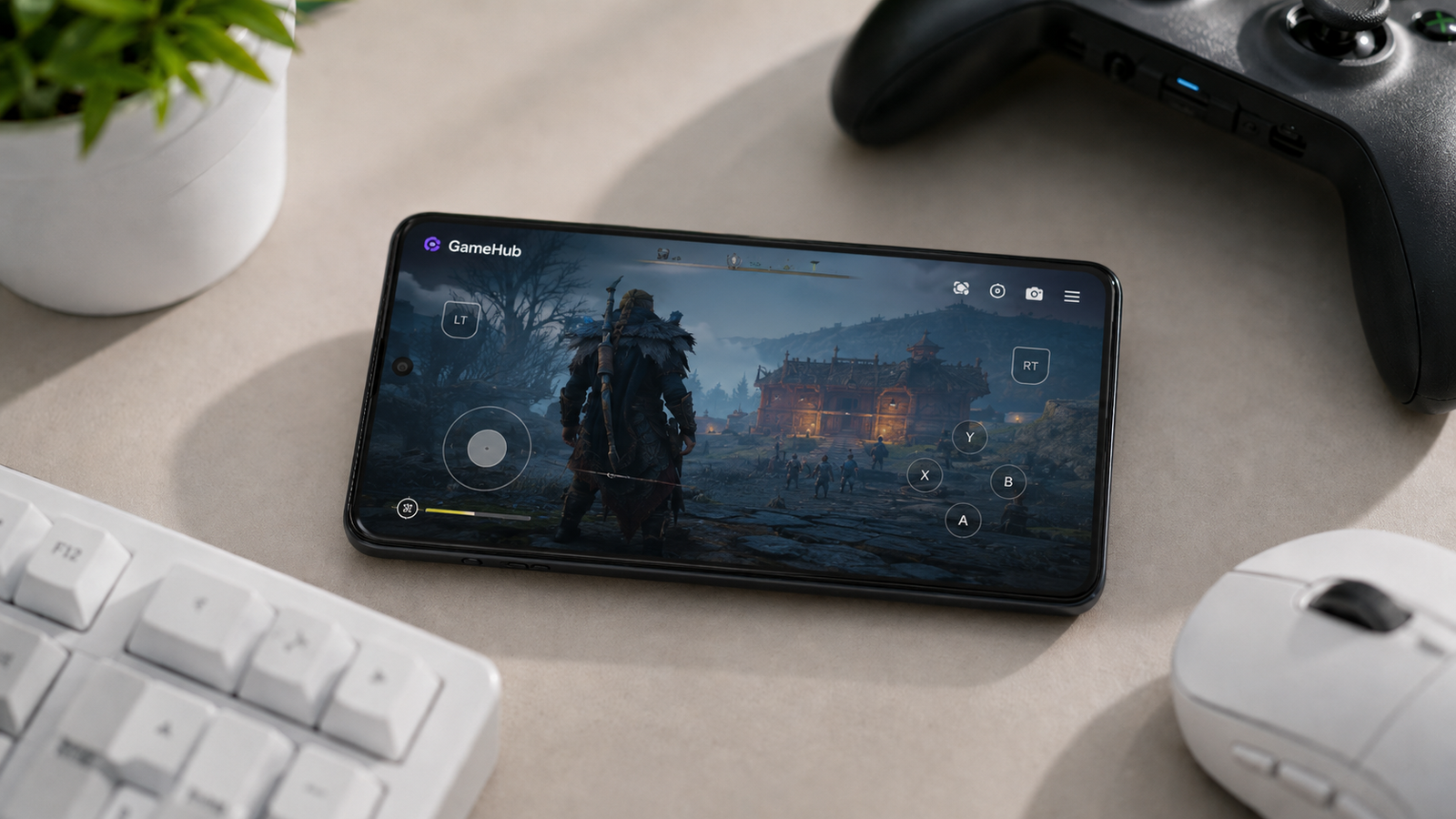 Imagem ilustrativa: Jogo de PC rodando no GameHub no Android com controles virtuais na tela