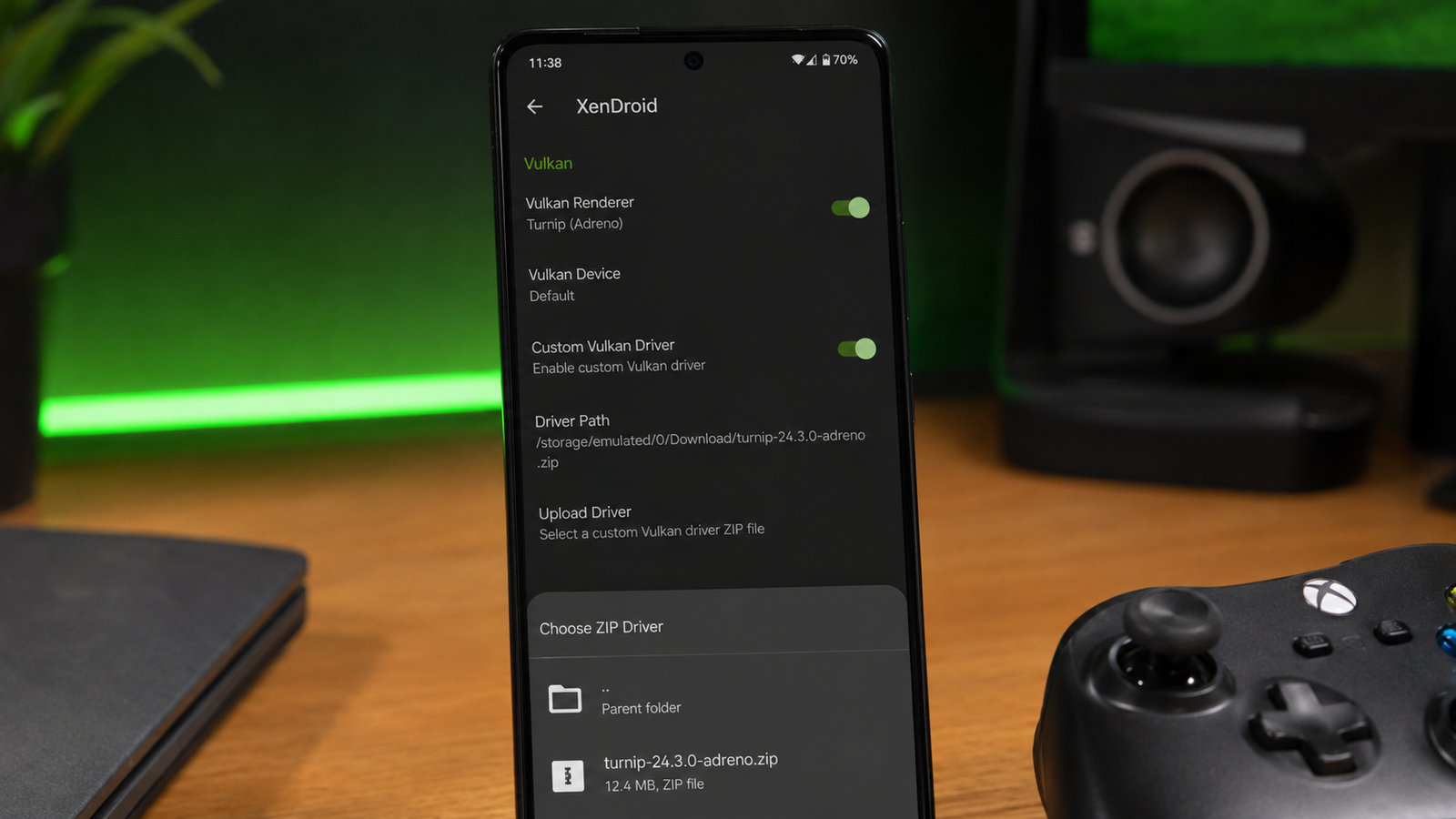 Configurações Vulkan do XenDroid no Android com opção de driver personalizado