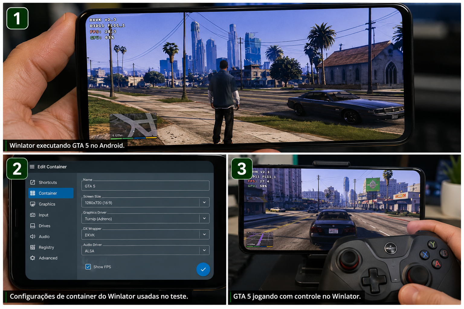 Imagem ilustrativa: GTA 5 sendo executado pelo Winlator em um celular Android