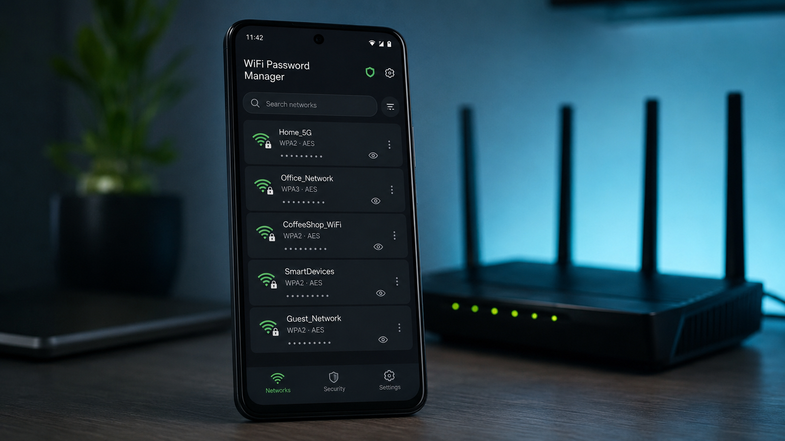 Imagem ilustrativa: WiFi Password Manager aberto em um smartphone com roteador ao fundo