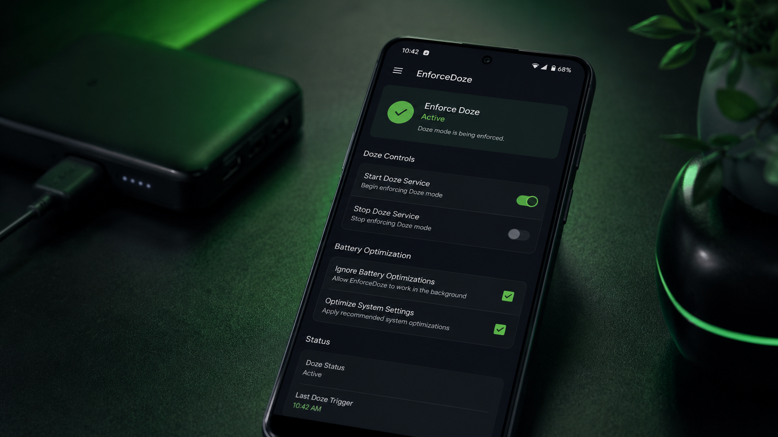 Imagem ilustrativa: Aplicativo EnforceDoze aberto em um smartphone com iluminação verde