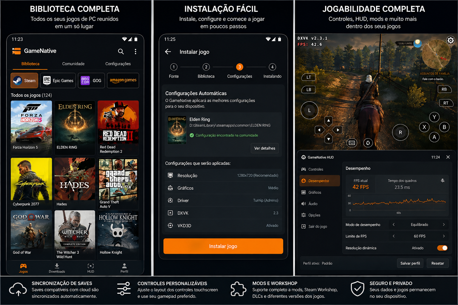 Imagem ilustrativa: GameNative no Android mostrando biblioteca e recursos para executar jogos de PC