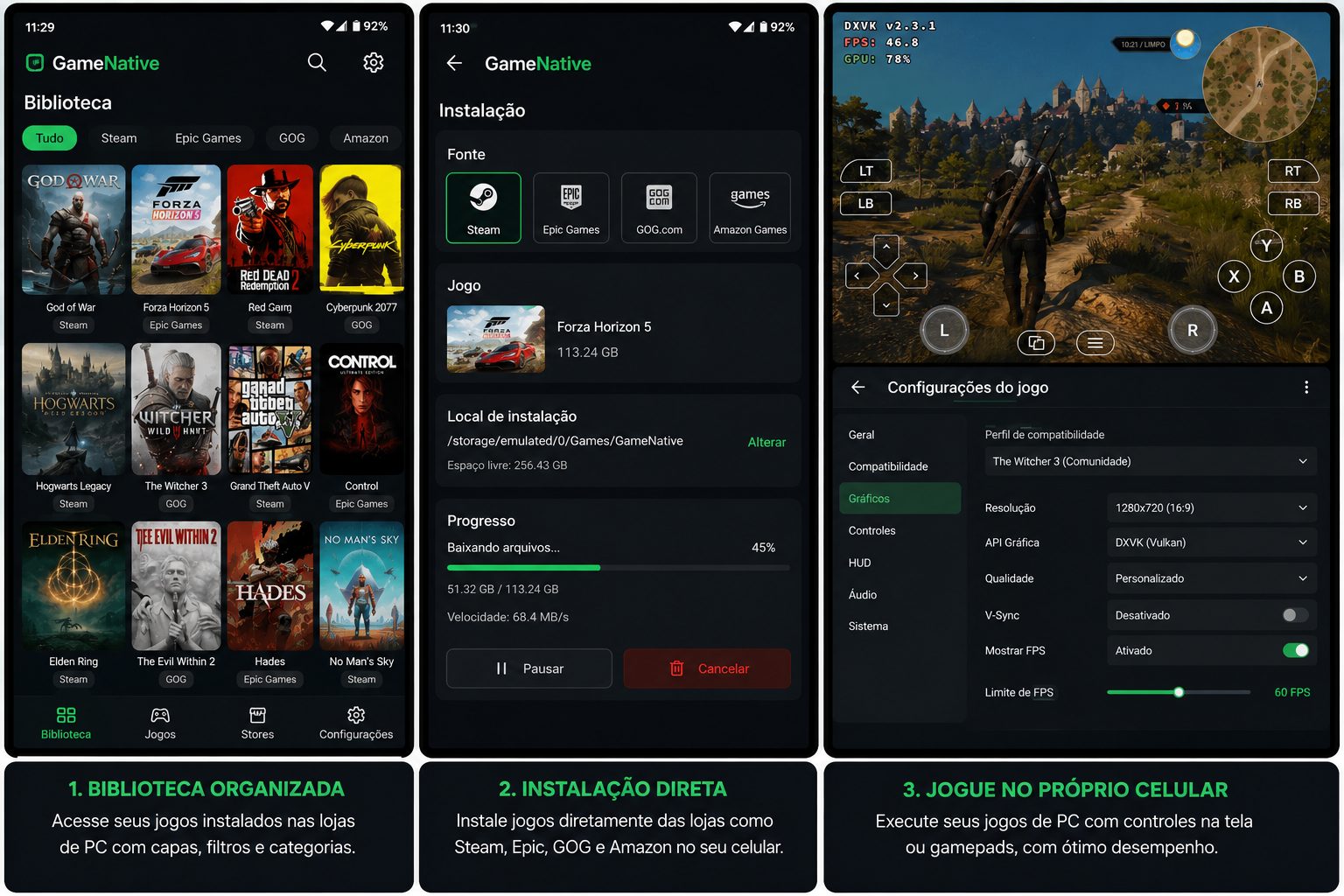 Imagem ilustrativa: GameNative mostrando instalação configuração e execução de jogos de PC no Android