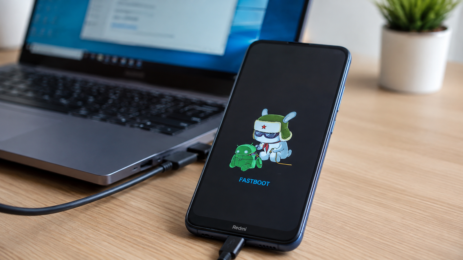 Imagem ilustrativa: Celular Xiaomi conectado ao computador mostrando a tela Fastboot