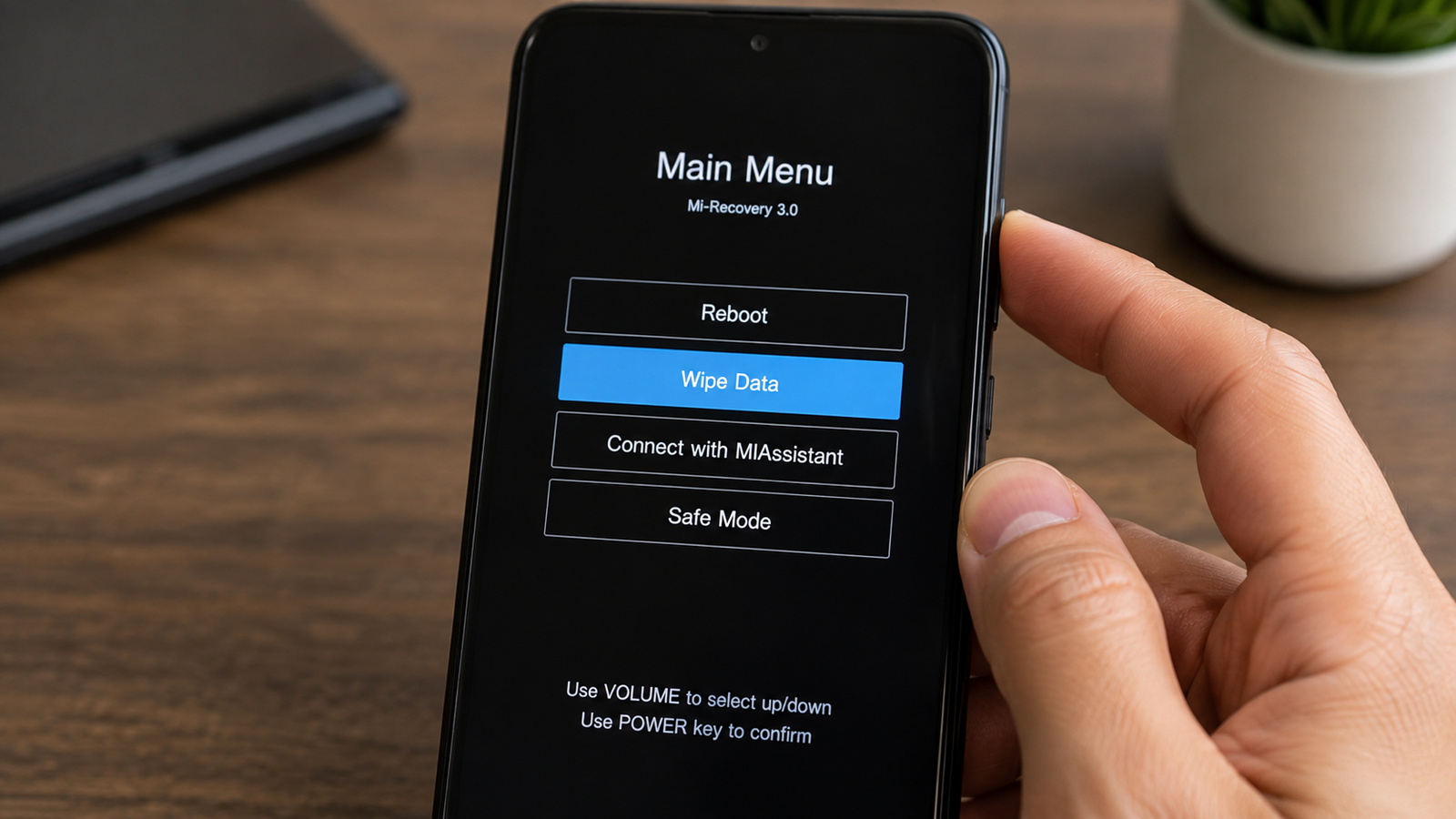 Imagem ilustrativa: Menu Recovery de um celular Xiaomi com opção Wipe Data