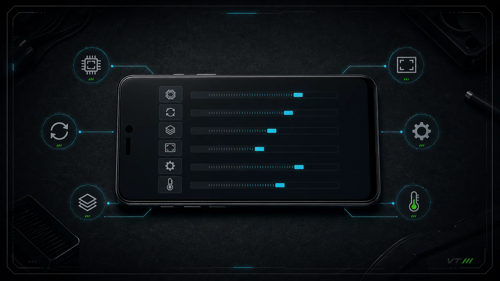 Smartphone com símbolos de GPU, versão, renderizador, resolução, preset e temperatura