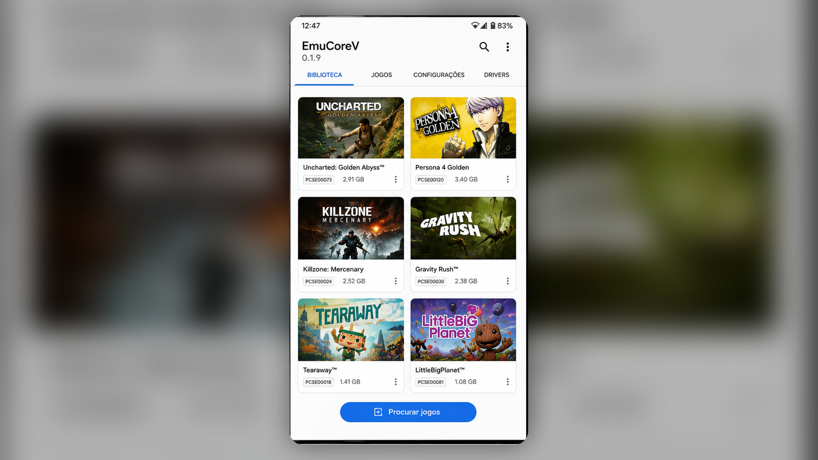 Biblioteca do EmuCoreV no Android mostrando jogos de PlayStation Vita