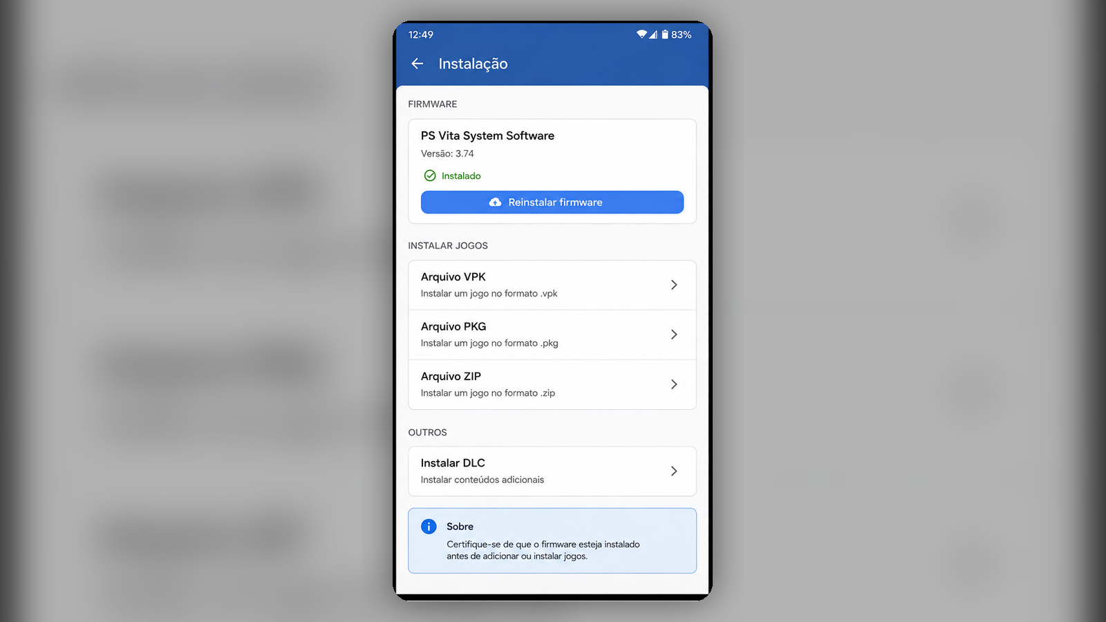 Tela de instalação e configuração inicial do EmuCoreV no Android