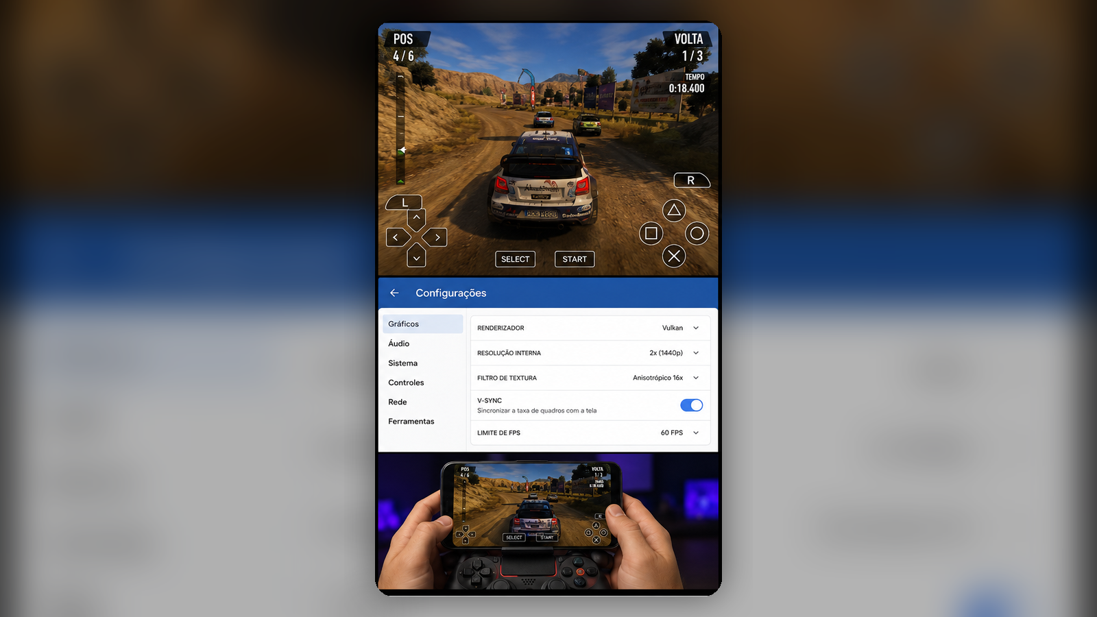 EmuCoreV no Android mostrando gameplay e opções de configuração do emulador