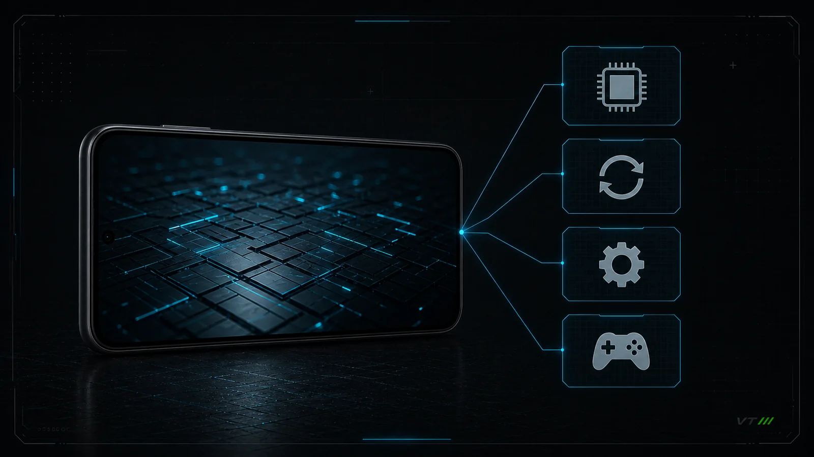 Smartphone ligado a símbolos de aparelho, versão, configuração e jogo em um teste de emulador