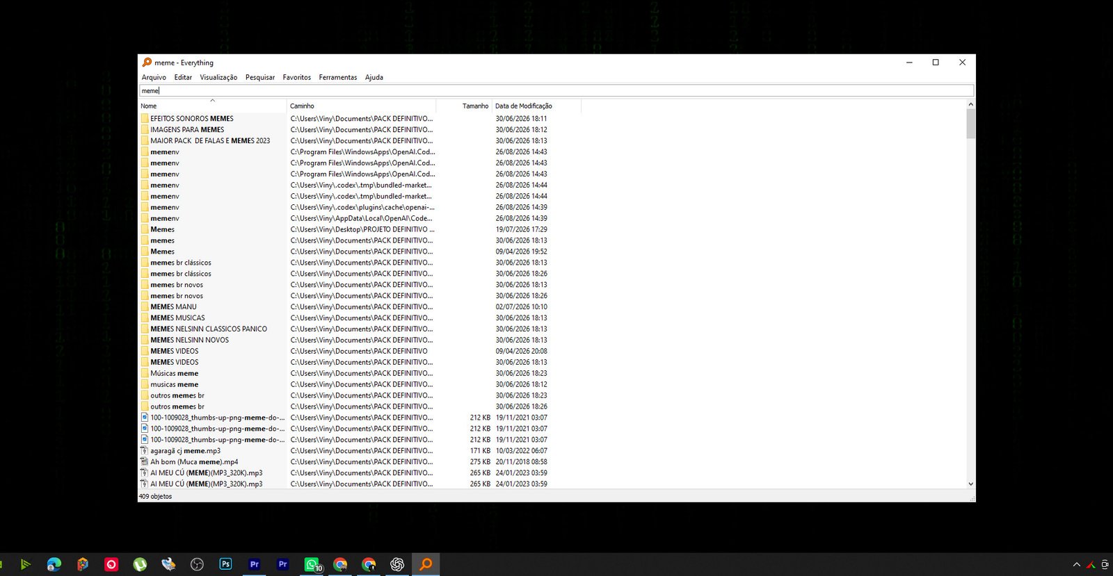 Uso real do Everything no Windows pesquisando arquivos e pastas pelo termo meme