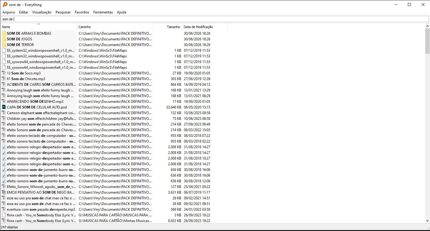 Uso real do Everything no Windows pesquisando arquivos de áudio pelo termo som de