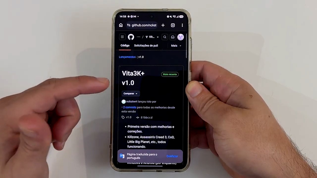 Página oficial do Vita3K Plus v1.0 no GitHub mostrada durante o teste