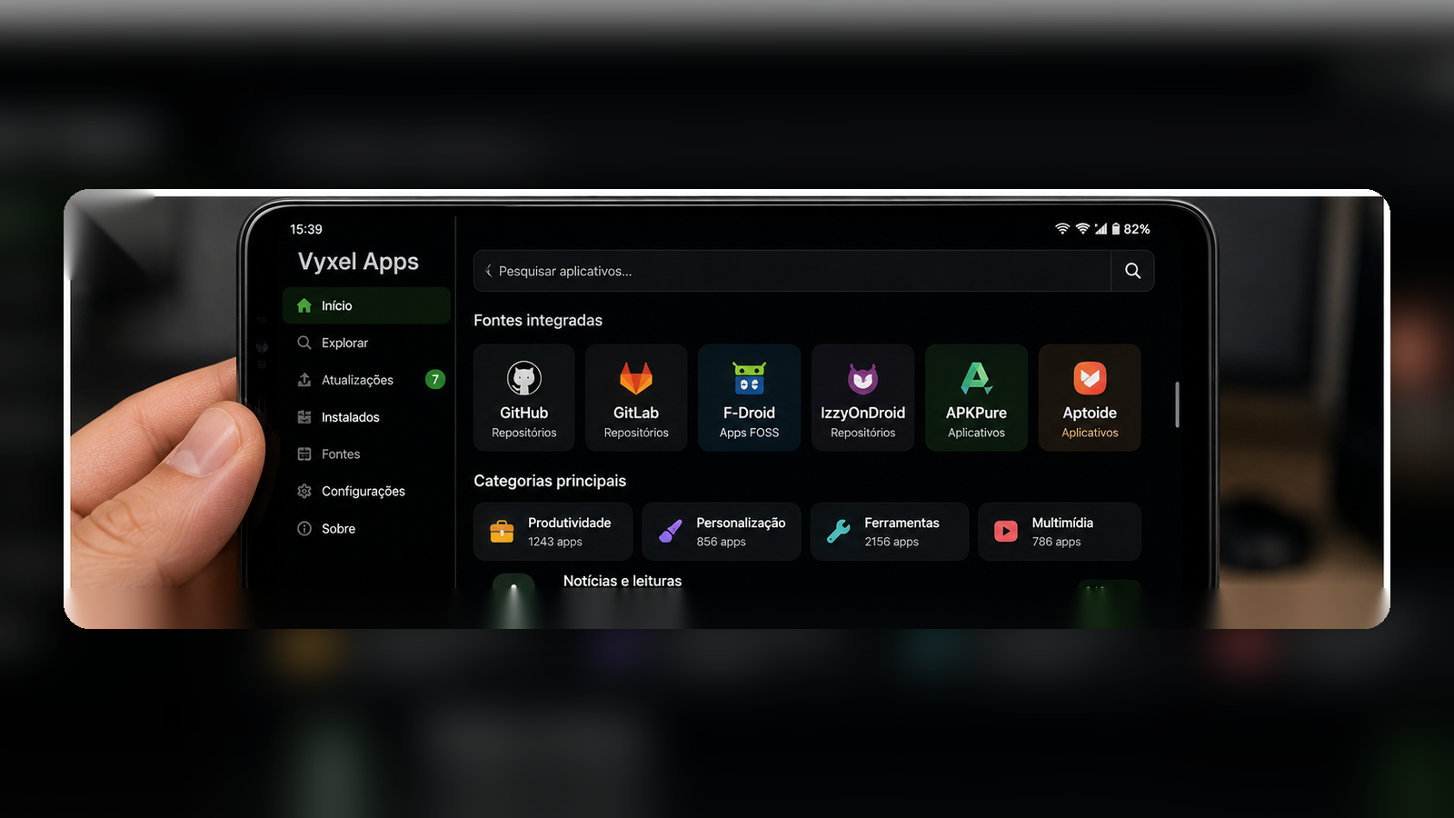 Vyxel Apps aberto no Android mostrando fontes e categorias de aplicativos