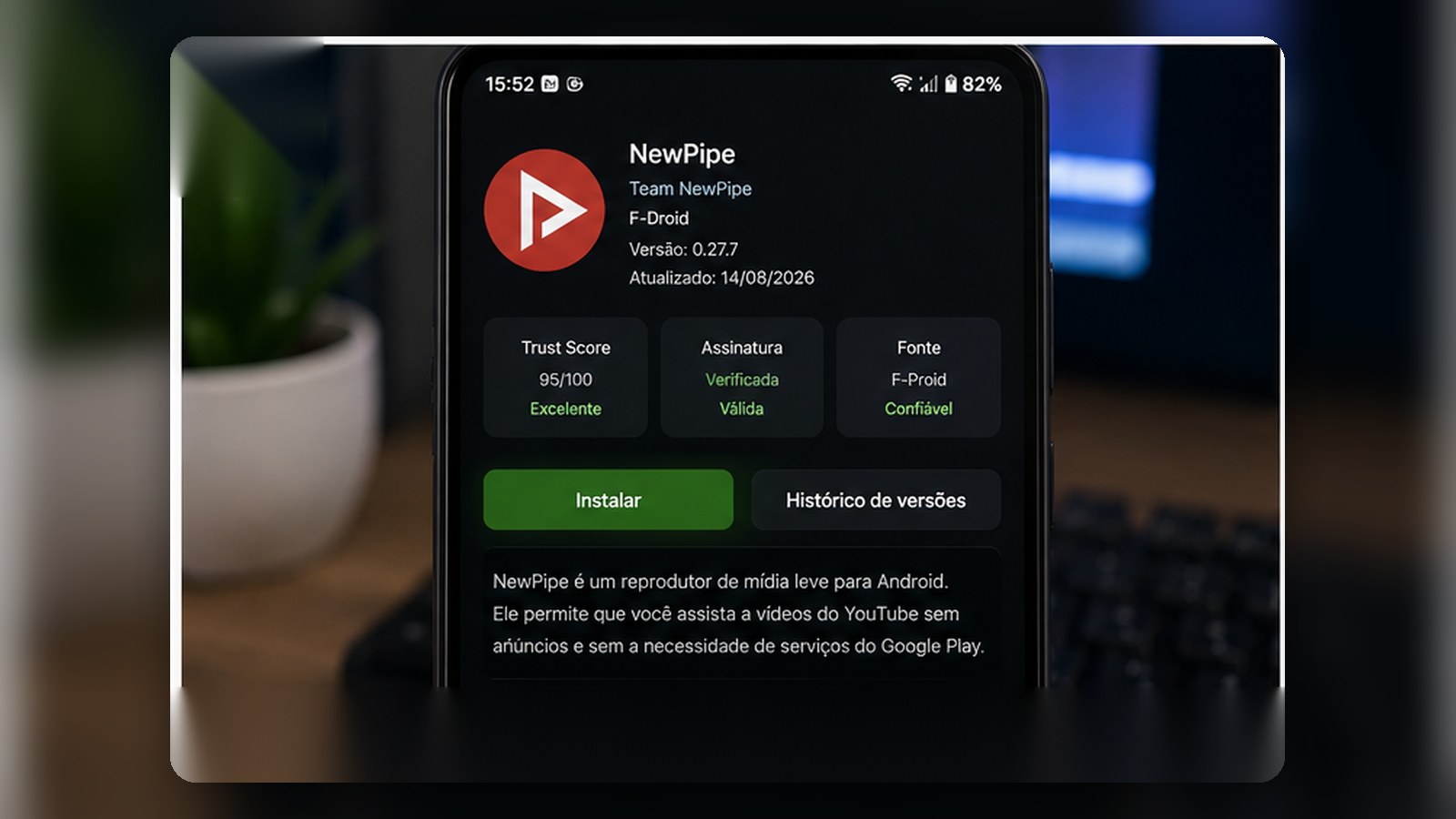 Tela de detalhes do Vyxel Apps mostrando informações sobre origem e confiança do aplicativo