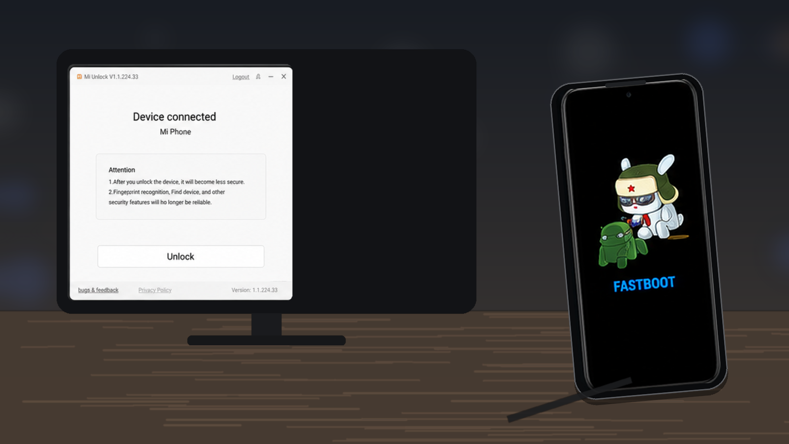 Celular Xiaomi em Fastboot conectado ao computador com Mi Unlock aberto
