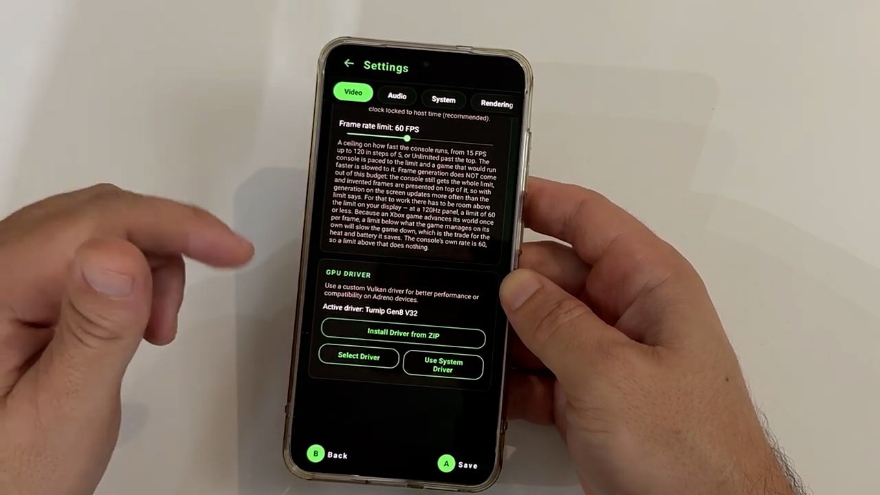 Quadro do teste real das configurações do Xenra no Android com limite de 60 FPS e driver Turnip Gen8 V32